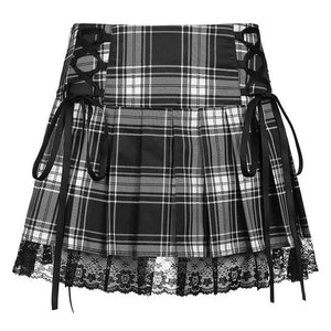 Pink Black Blue Plaid Goth School Skirt with Lace-Up Detail