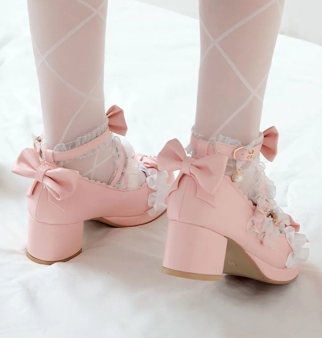 2024 Women's Cross-Strap Mary Jane High-Heel Pumps | Princess Lolita Cosplay Shoes with Ruffles & Bow Accents