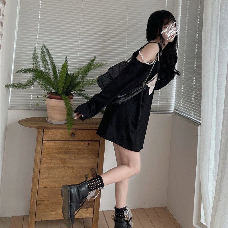 Kawaii T-Shirt Women Japanese Sweet Off Shoulder Lace Up Long Sleeve Graphic T Shirts Cute Korean Fashion Tops for Girls