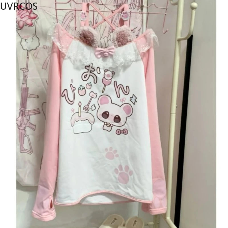 Sweet Kawaii Off-Shoulder T-Shirt – Lace Patchwork, Bow Detail & Cartoon Print | Y2K Aesthetic Women’s Top