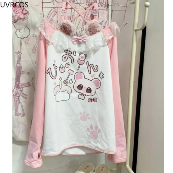 Sweet Kawaii Off-Shoulder T-Shirt – Lace Patchwork, Bow Detail & Cartoon Print | Y2K Aesthetic Women’s Top
