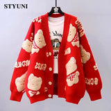 Cartoon Bear Jacquard Weave Vintage V-Neck Loose Knitted Women's Cardigan Korean Fashion Single Breasted Cardigan For Women