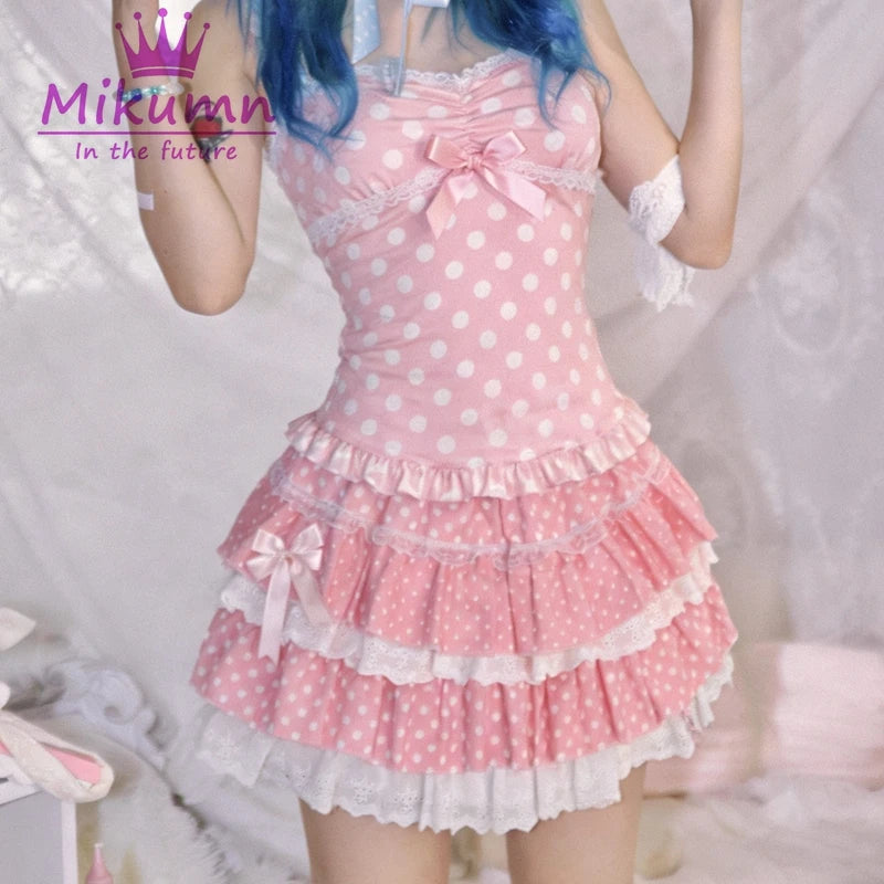 Sweet Kawaii Polka Dot Dress | Japanese Pink Bow Sleeveless Mini Dress for Women