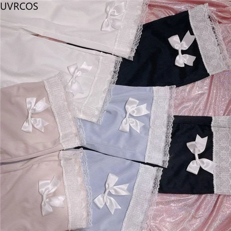 Women's Pink Japanese Sweet Lolita High-Waist Corduroy Pants | Kawaii Y2K Style with Bow & Lace Detail
