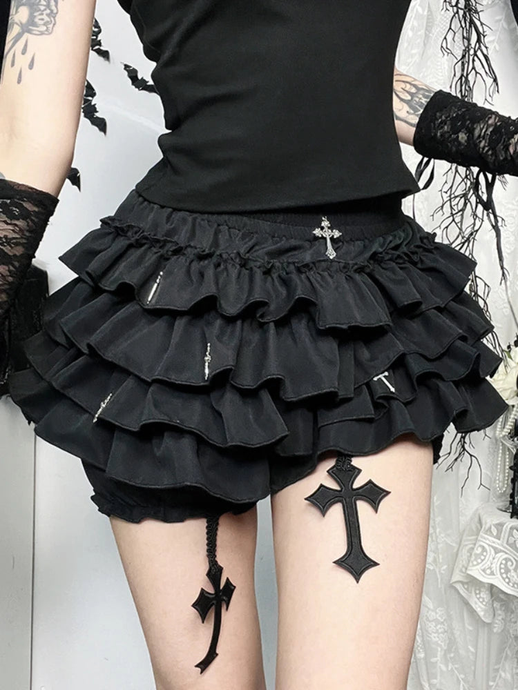 AltGoth Mall Goth Women’s Cake Shorts – Y2K E-Girl Harajuku Fairycore Culottes with Cross Pendant