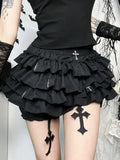 AltGoth Mall Goth Women’s Cake Shorts – Y2K E-Girl Harajuku Fairycore Culottes with Cross Pendant