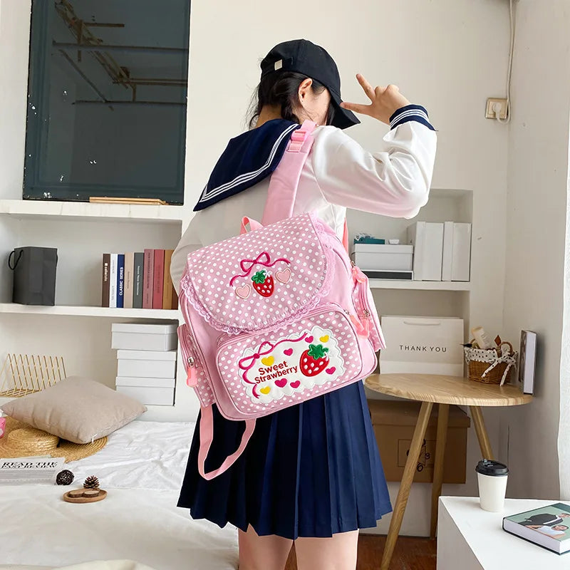 Kawaii Strawberry Embroidered Backpack | Cute Japanese Pink School Bag for Girls with Lace Details