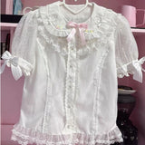 Sweet Lolita Lace Bow Blouse | Women’s Kawaii Pink Short Sleeve Shirt – Elegant Loose Fit Chic Top