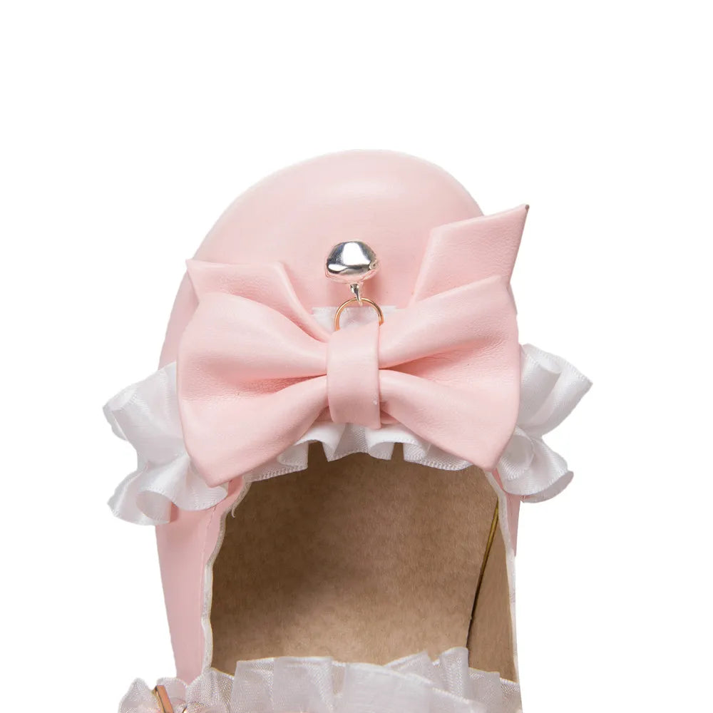 2024 Women's Cross-Strap Mary Jane High-Heel Pumps | Princess Lolita Cosplay Shoes with Ruffles & Bow Accents