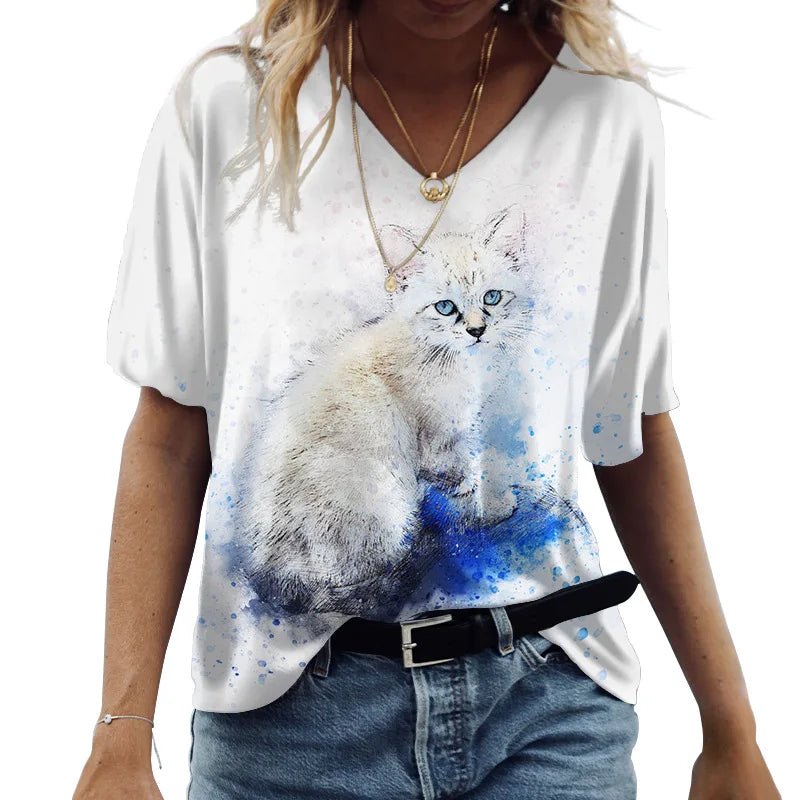 V-Neck T-shirts Cute Cats Graphics Printed Short Sleeve Tops Summer Kawaii Fashion