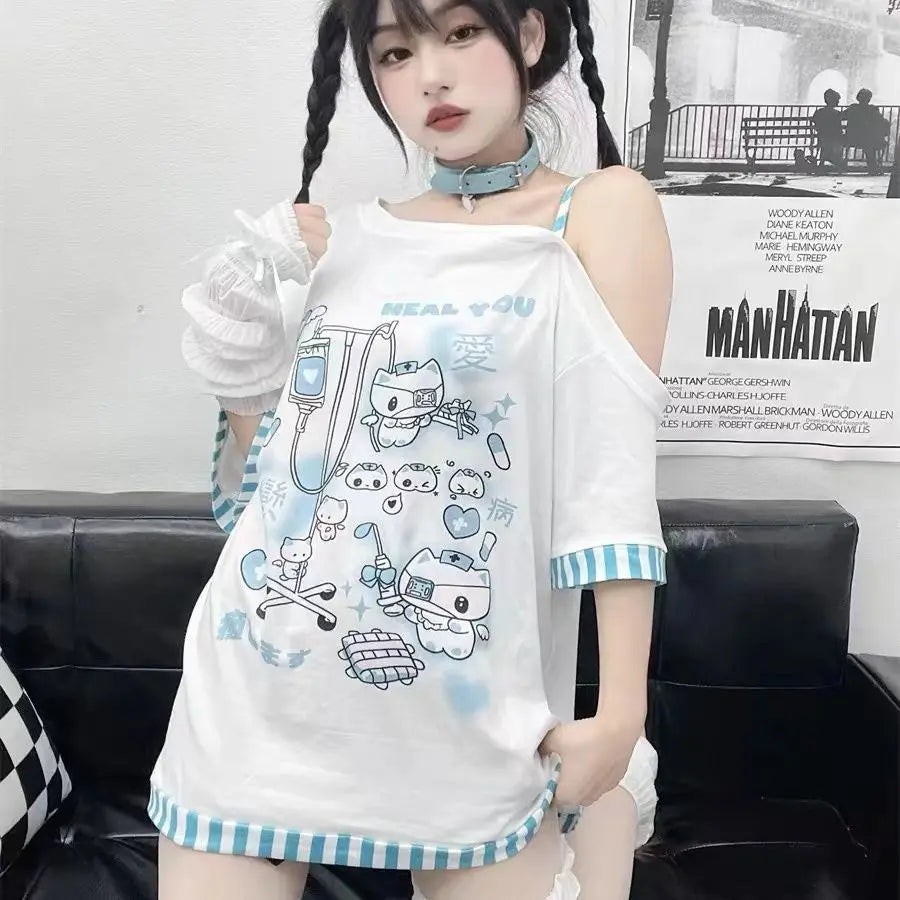 Japanese Anime Oversized T-Shirt – Women’s Summer Off-Shoulder Y2K Top | Casual 2025 Fashion Tee