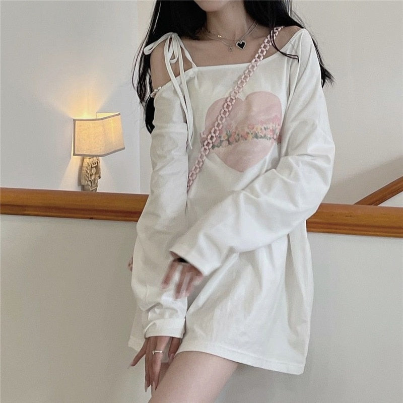 Kawaii T-Shirt Women Japanese Sweet Off Shoulder Lace Up Long Sleeve G –  Kawaii Heaven