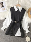 Spring Autumn Women's Lantern Sleeve Shirt Knitted Vest Two Piece Sets of College Style Waistband Vest Two Sets Top