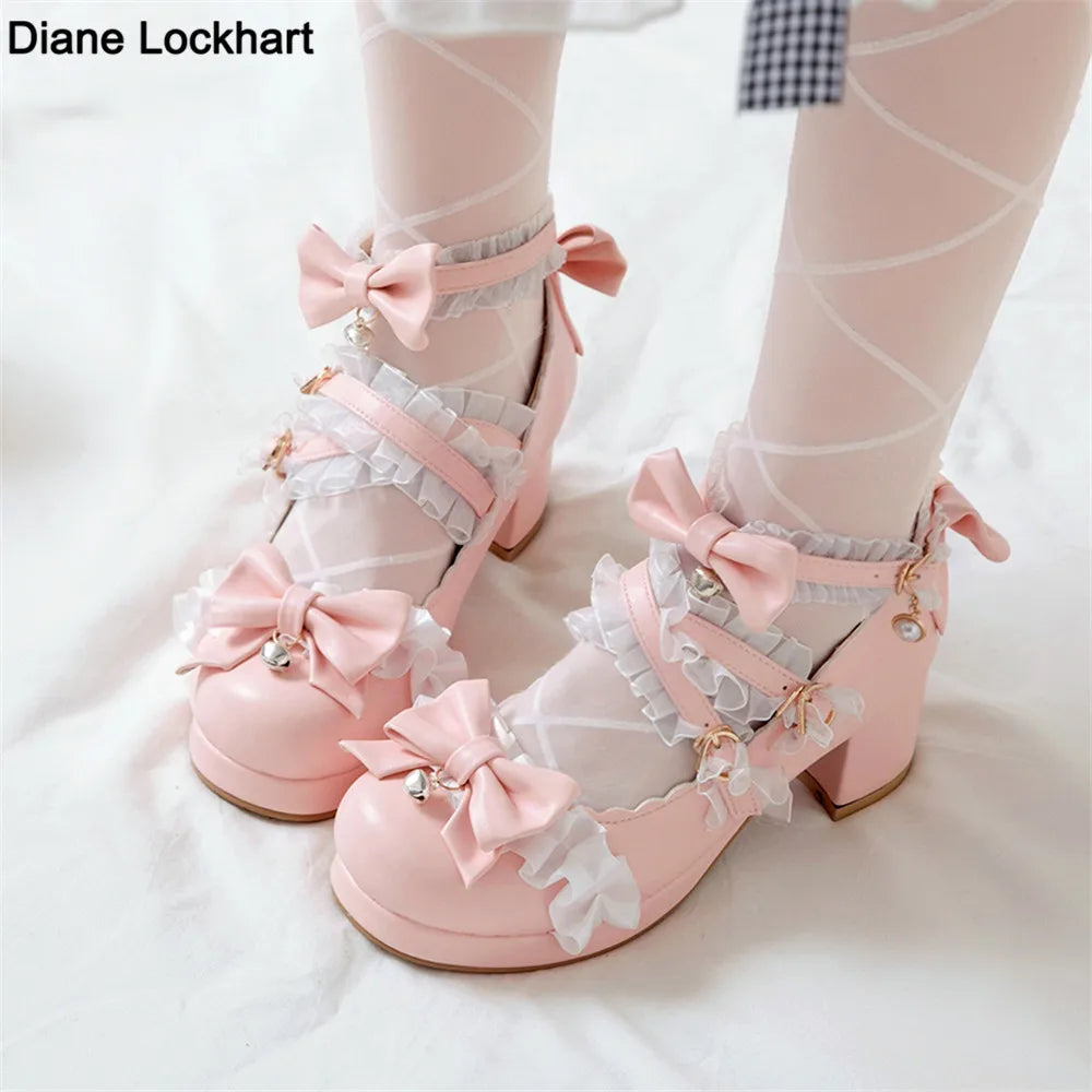 2024 Women's Cross-Strap Mary Jane High-Heel Pumps | Princess Lolita Cosplay Shoes with Ruffles & Bow Accents