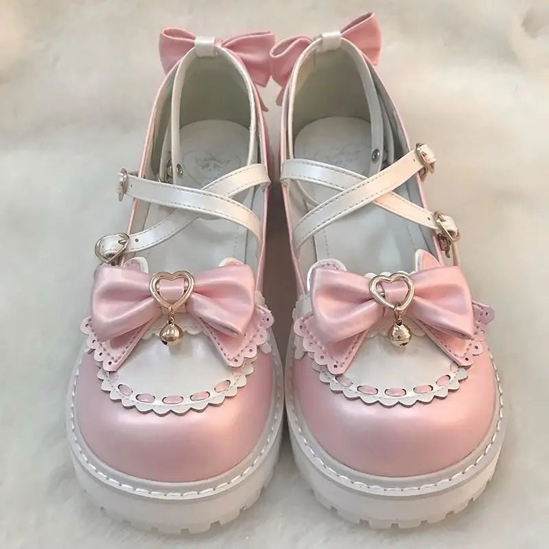 Girls Sweet Lolita Platform Mary Jane Shoes | Kawaii Bowknots, Heart-Shaped Straps & Bell Accents