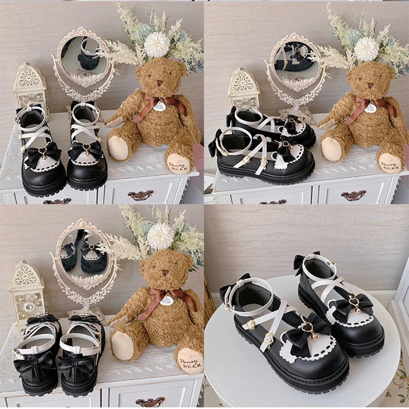 Girls Sweet Lolita Platform Mary Jane Shoes | Kawaii Bowknots, Heart-Shaped Straps & Bell Accents