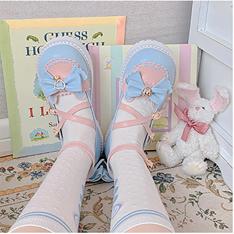 Girls Sweet Lolita Platform Mary Jane Shoes | Kawaii Bowknots, Heart-Shaped Straps & Bell Accents
