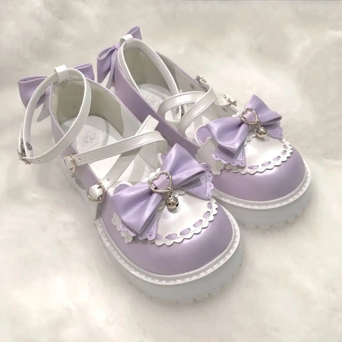Girls Sweet Lolita Platform Mary Jane Shoes | Kawaii Bowknots, Heart-Shaped Straps & Bell Accents