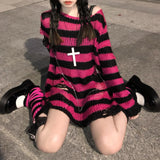 Karrram Pink Striped Gothic Sweater – Women’s Ripped Knit Pullover | Fairy Grunge, Emo, Y2K Streetwear