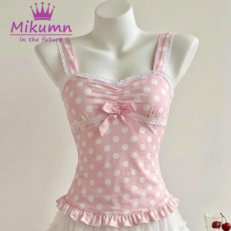 Sweet Kawaii Polka Dot Dress | Japanese Pink Bow Sleeveless Mini Dress for Women