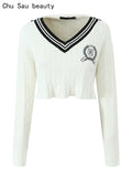 Autumn Fashion Sweet Embroidery Knitted Pullover Preppy Style Sailor Collar Sweater Chic Sports Jumper