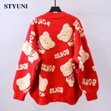 Cartoon Bear Jacquard Weave Vintage V-Neck Loose Knitted Women's Cardigan Korean Fashion Single Breasted Cardigan For Women