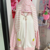 Japanese Kawaii Strawberry Hoodie – Women’s Pink Patchwork Lace Polka Dot Overcoat | Sweet Loose Autumn Coat 2025