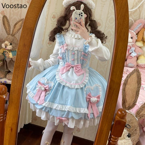 Sweet Lolita JSK Dress – Kawaii Bear Print, Bows & Ruffles | Blue & Pink Sleeveless Mini Dress