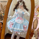 Sweet Lolita JSK Dress – Kawaii Bear Print, Bows & Ruffles | Blue & Pink Sleeveless Mini Dress