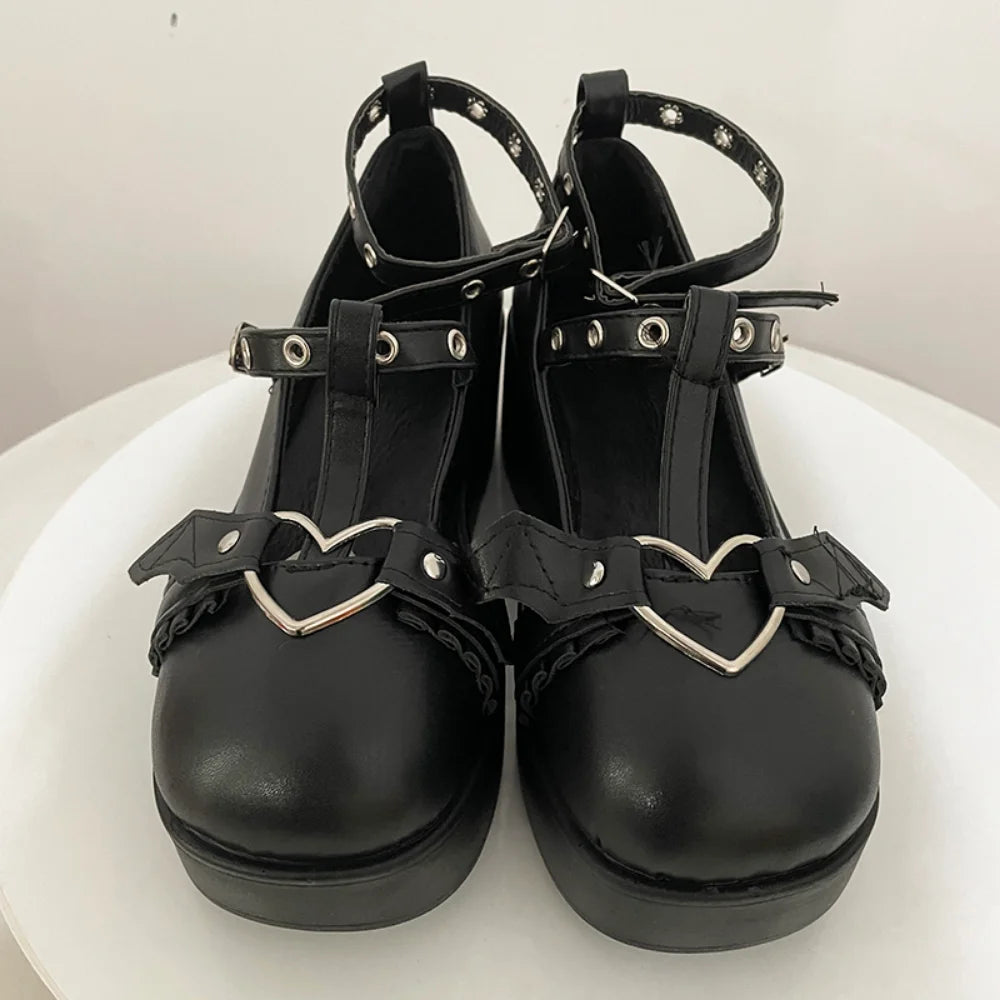Sweet Heart Buckle Wedges Mary Janes Women Pink T-Strap Chunky Platform Lolita Shoes Woman Punk Gothic Cosplay Shoes