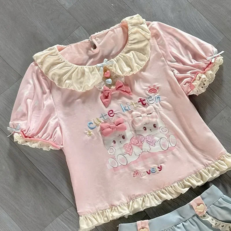 Pink Harajuku Ruffle Top | Cute Bear Lace Tee