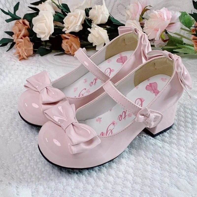 Lolita Style Cute Round Head Mary Jane Pumps With Bow Women's Sweet Party Dress Midi Heels Shoes Fashion PU Sandals