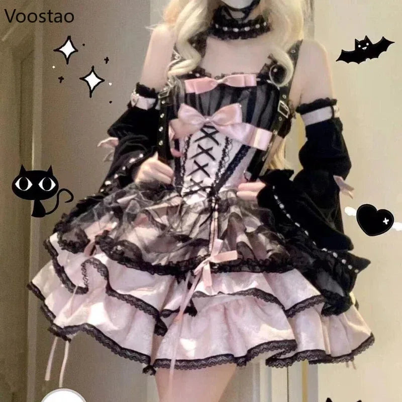 Japanese Sweet Lolita Gothic Mini Dress | Kawaii Harajuku Y2K Style with Bow, Lace & Ruffle Accents