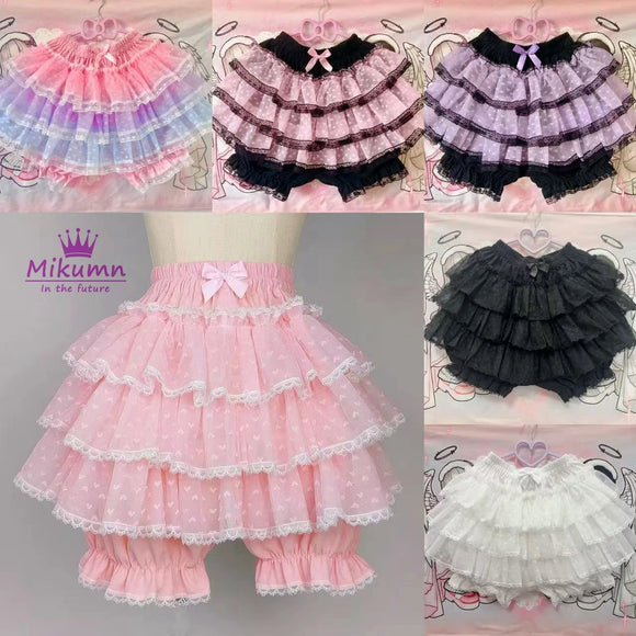 Mikumn Harajuku Lace Ruffle Shorts Skirt – Kawaii Y2K Lolita Bloomers | Elastic Waist Safety Pants