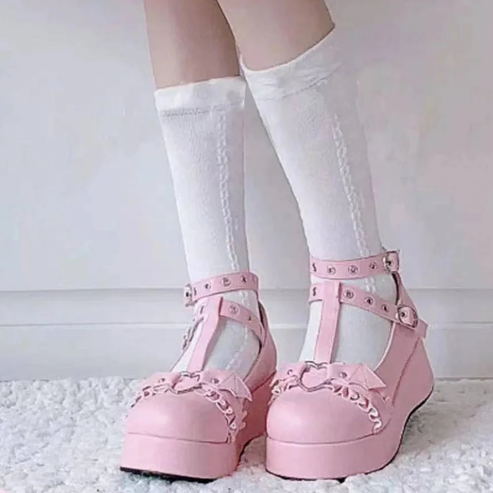 Sweet Heart Buckle Wedges Mary Janes Women Pink T-Strap Chunky Platform Lolita Shoes Woman Punk Gothic Cosplay Shoes