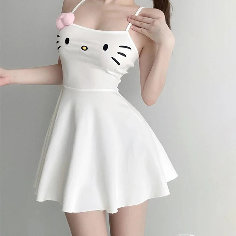 Hello Kitty Dress Sanrio Anime Printed Sleeveless Dress Cartoon Cute Sexy Slim Suspenders Skirt Tourist Beach Clothes Girl Gift