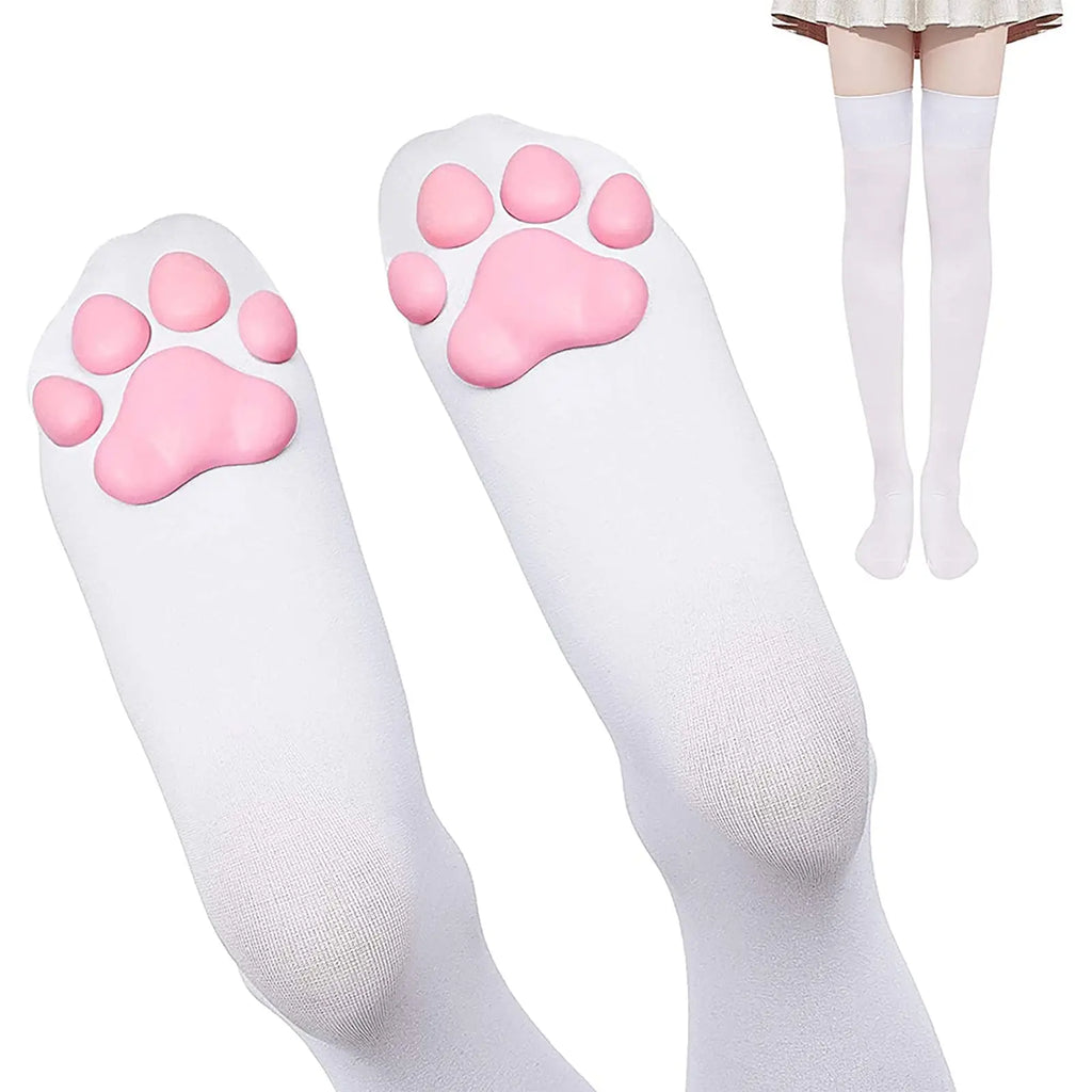 Cute 3D Cat Paw Knee High Socks | Kawaii Plush Paw Print Stockings for Women & Girls