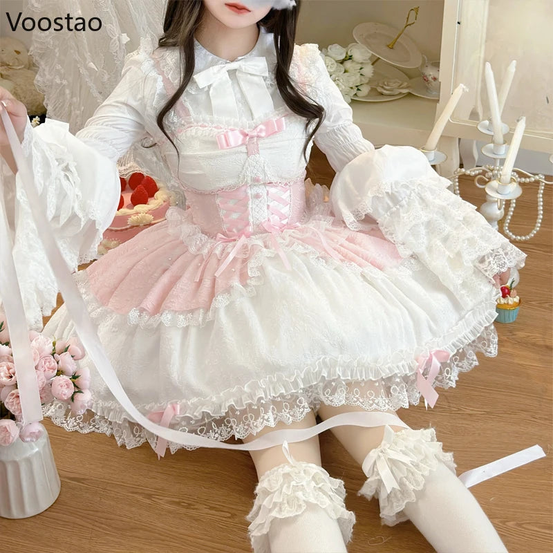 japanese lace dress Women Japanese Lolita Sweet Lace Bow Kawaii Party Spaghetti Straps Mini Knitted Dress Blue at Amazon Women's Clothing store