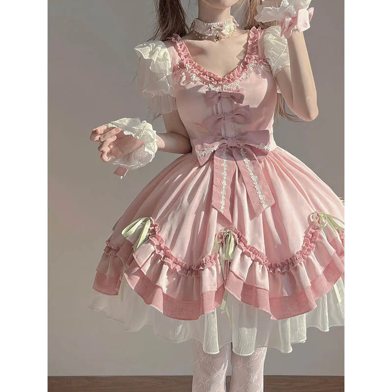2024 Elegant Lolita Mini Dress | Women's Short Sleeve Pink Summer Dress for Cocktail Parties, Graduation & Casual Events