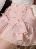 Japanese Aesthetic Mini Skirt Pink Cascading Ruffle A-line Buttons Lace-up Kawaii Skirts