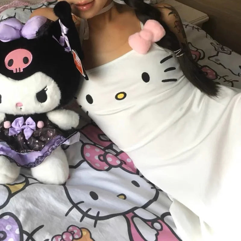Hello Kitty Dress Sanrio Anime Printed Sleeveless Dress Cartoon Cute Sexy Slim Suspenders Skirt Tourist Beach Clothes Girl Gift