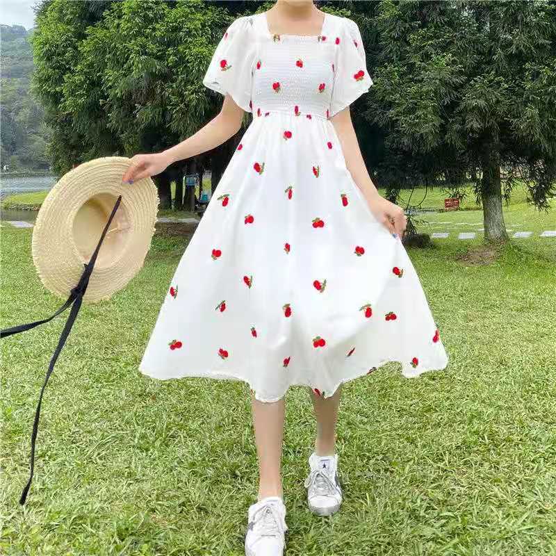 Kawaii Strawberry Dress Sexy Ruffle Puff Sleeve Off Shoulder Embroidery Dresses Korean Elegant