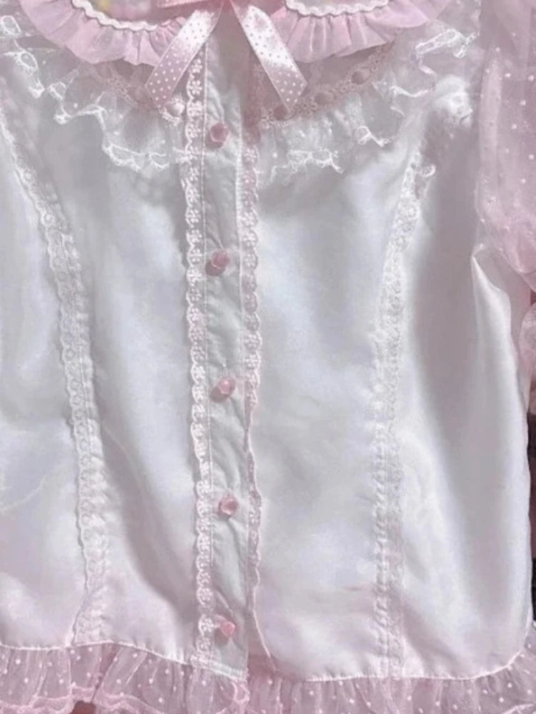 Sweet Lolita Lace Bow Blouse | Women’s Kawaii Pink Short Sleeve Shirt – Elegant Loose Fit Chic Top