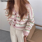 Casual Autumn Winter Sweaters Fashion Women Floral Print Single Breasted Knit Chic Jumpers Tops Elegant Sweet Loose Cardigans