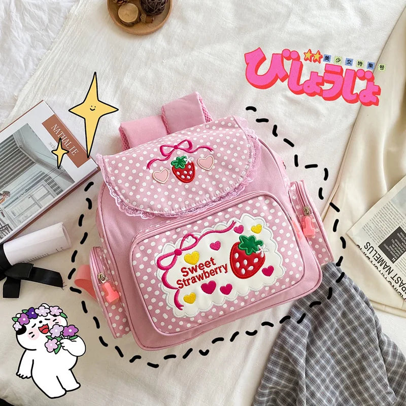 Kawaii Strawberry Embroidered Backpack | Cute Japanese Pink School Bag for Girls with Lace Details