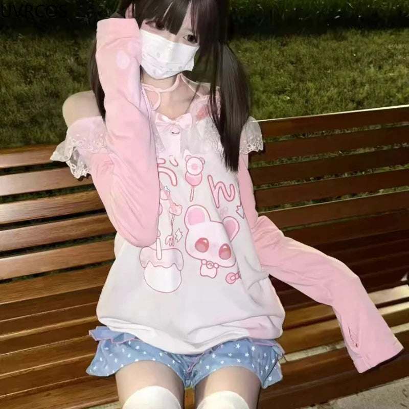 Sweet Kawaii Off-Shoulder T-Shirt – Lace Patchwork, Bow Detail & Cartoon Print | Y2K Aesthetic Women’s Top