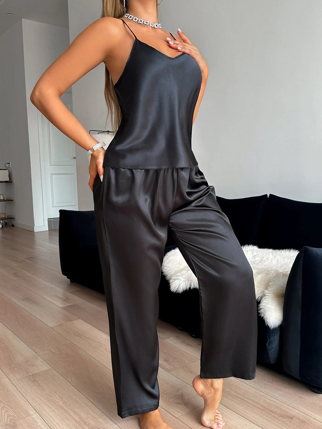 Women's V-Neck Pajama Set | Elegant Sleeveless Halter Top & Ankle Pants 2-Piece Loungewear Set