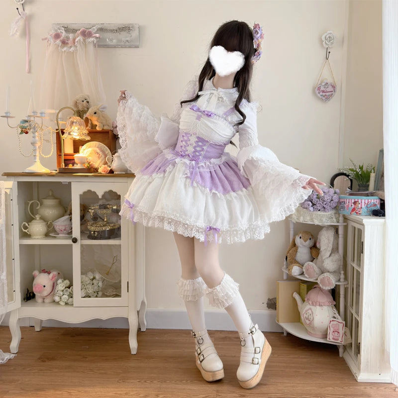 Japanese Sweet Lolita Jsk Dress Women Elegant Ruffles Lace Bandage Princess Strap Dresses Girls Y2k Kawaii Tea Party Mini Dress