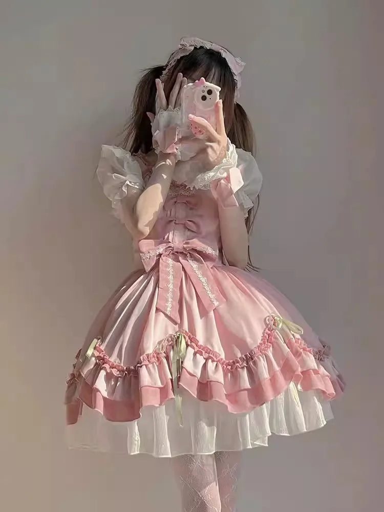 2024 Elegant Lolita Mini Dress | Women's Short Sleeve Pink Summer Dress for Cocktail Parties, Graduation & Casual Events