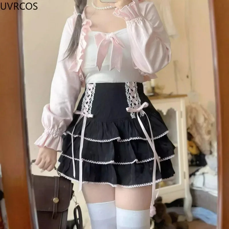 Kawaii Lolita Pleated Skirt – High Waist Pink Bandage Fairycore Y2K Aesthetic | Cute Women’s Faldas Mujer Moda 2025